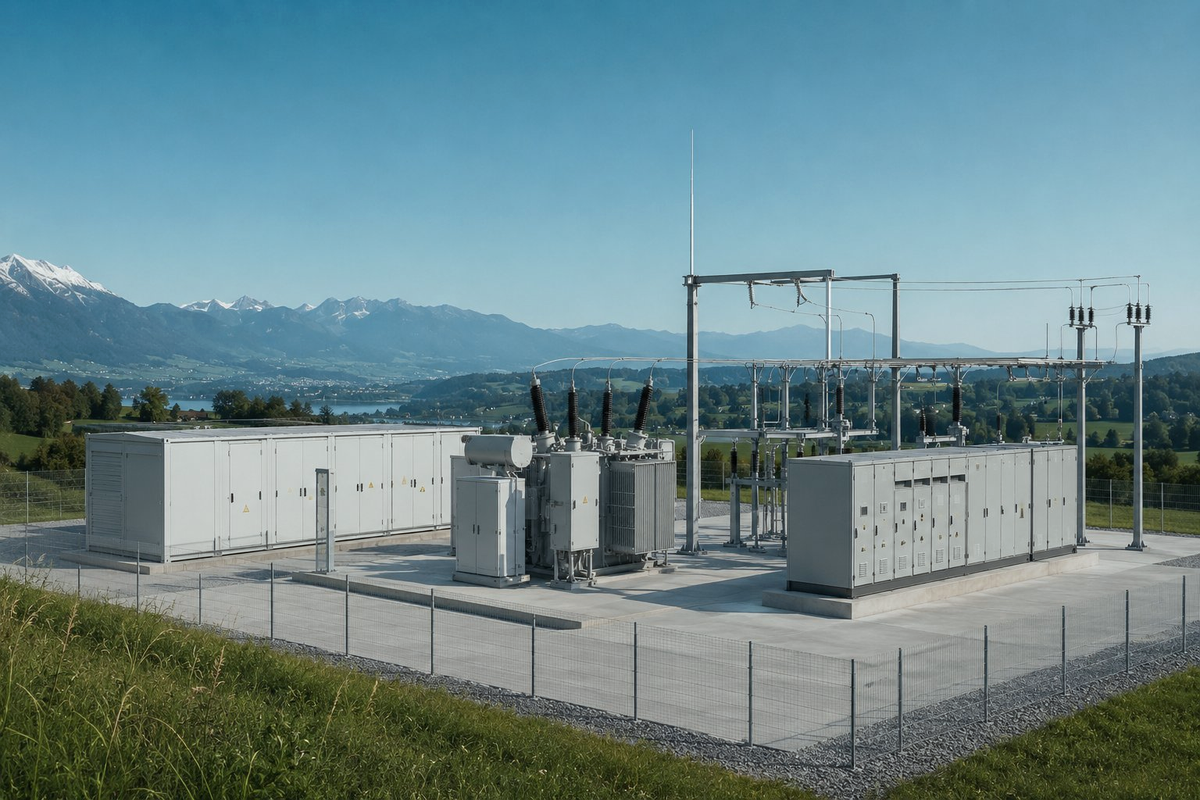 Netzanschluss und Umspannstation neben dem Batteriespeicher